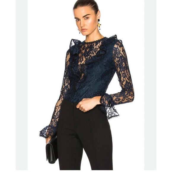 Alexis Bodysuit Womens Small Navy Lace Ruffle Pollie Illusion Long Sleeve Top - Picture 4 of 14